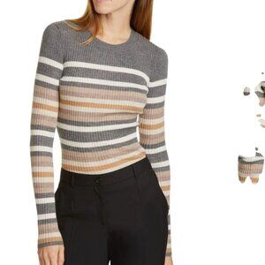 Theory Striped Ribbed Crewneck Cashmere Sweater Neutral Gray Tan Size P  /S